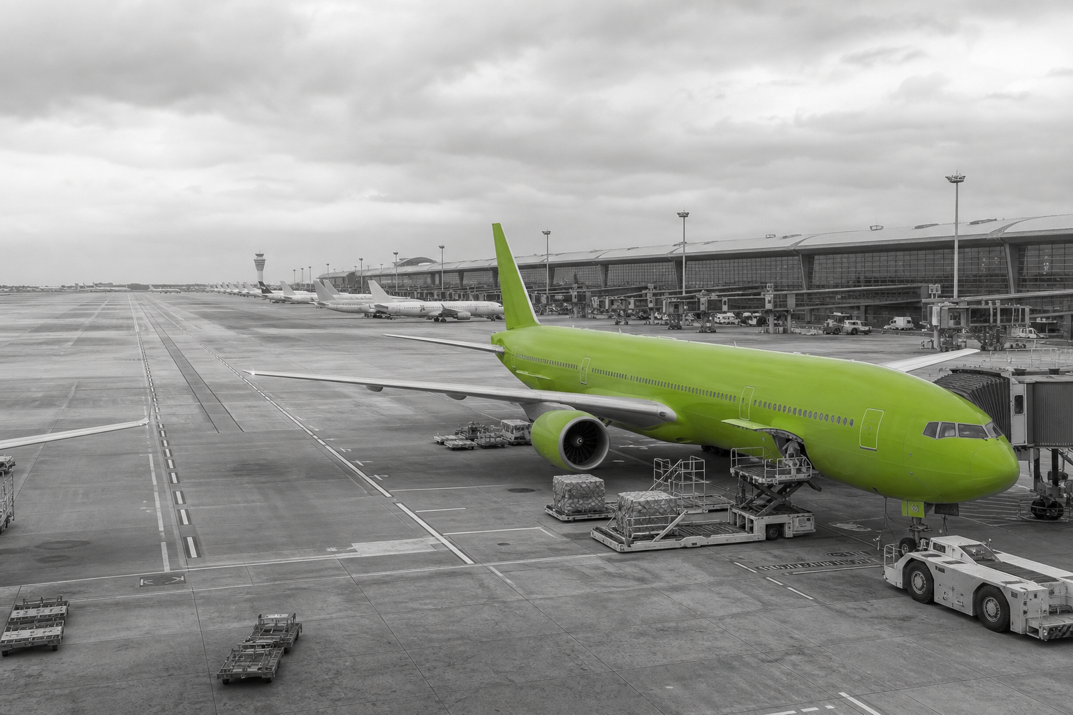 One green wide-body aircraft at a monochrome international airport