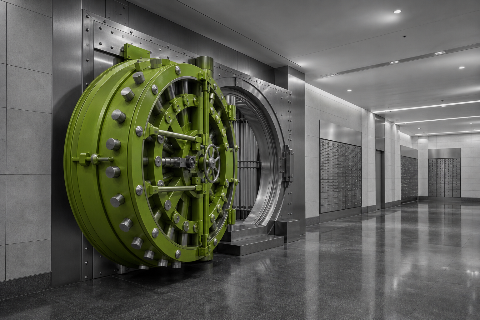 A green institutional vault door inside a monochrome secure banking facility