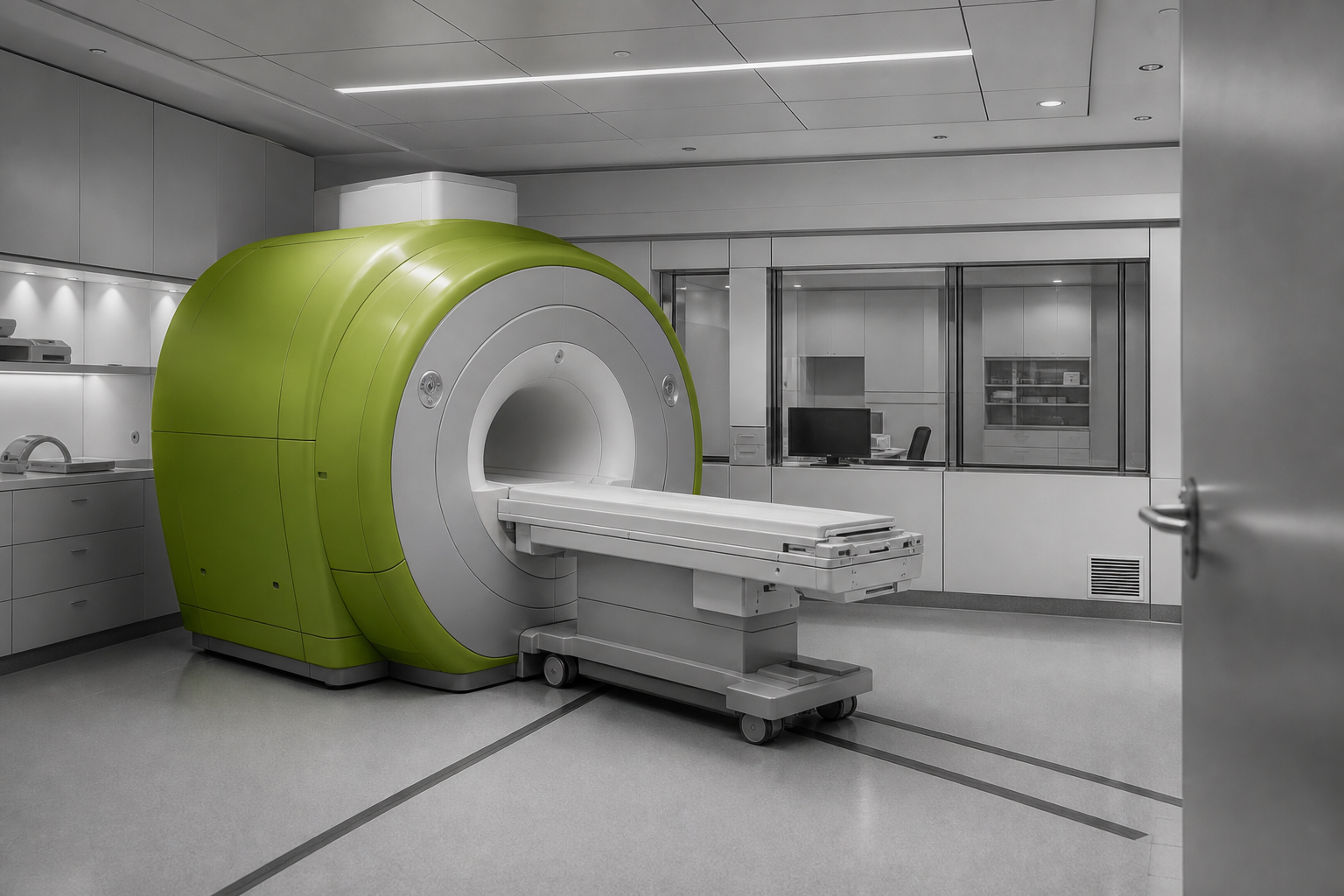 A green MRI scanner inside a monochrome healthcare imaging suite