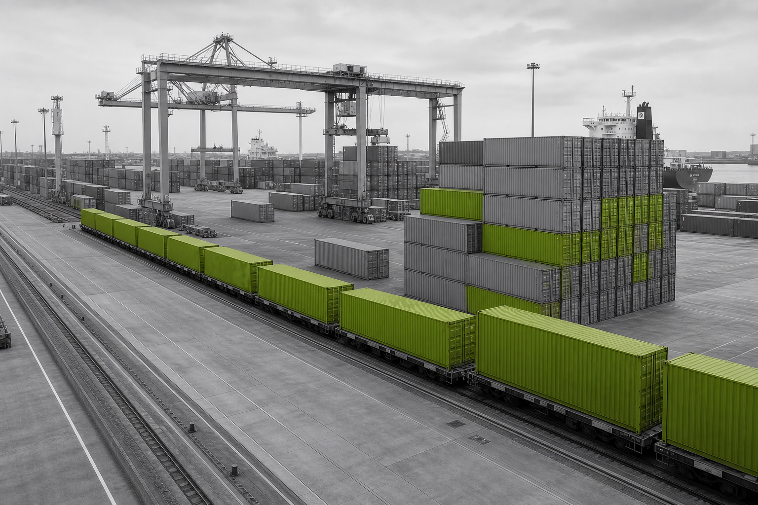 Green containers forming one operational flow through a monochrome logistics terminal