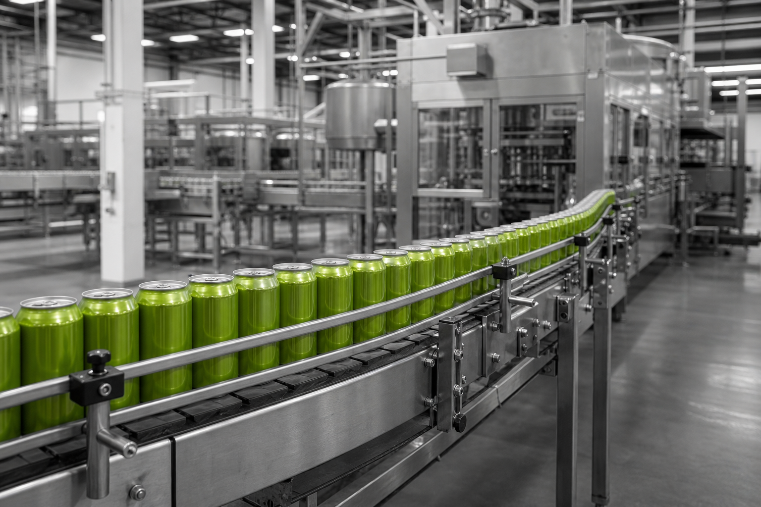 Green cans moving through a monochrome high-speed manufacturing line