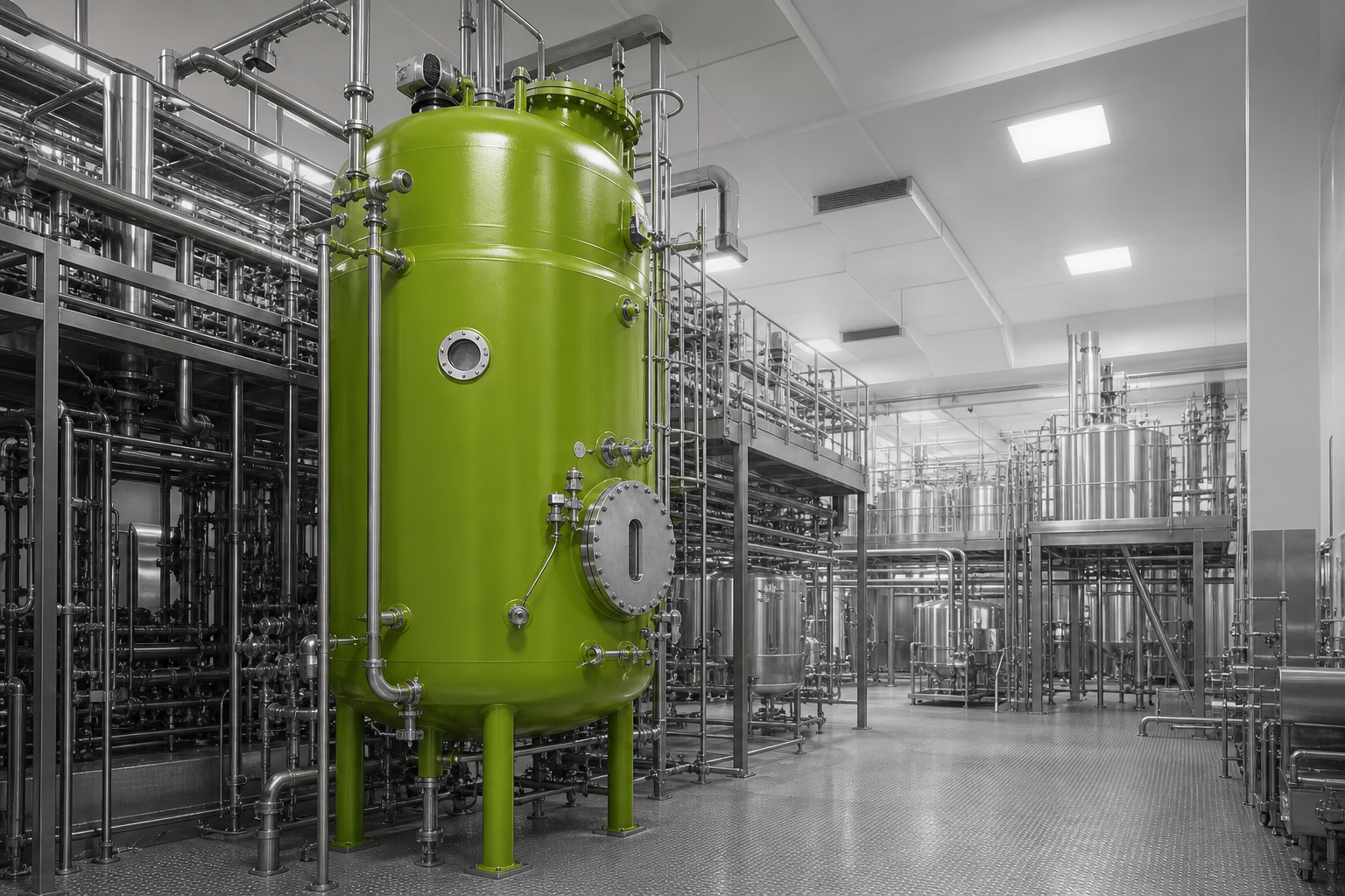 A green bioreactor inside a monochrome pharmaceutical production facility